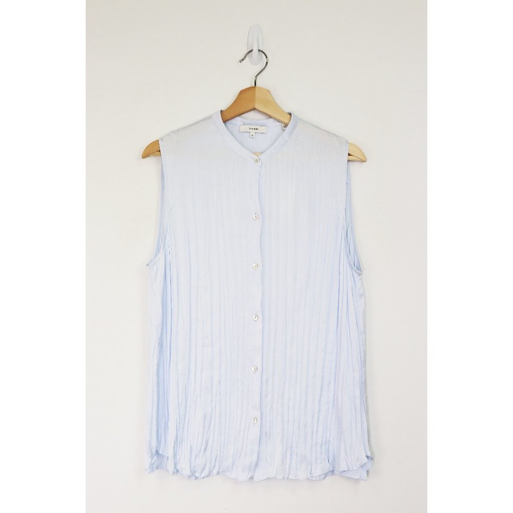 NWT Vince Sleeveless Crushed Satin Band Collar Blouse Powder Blue X Large XL - Picture 4 of 11